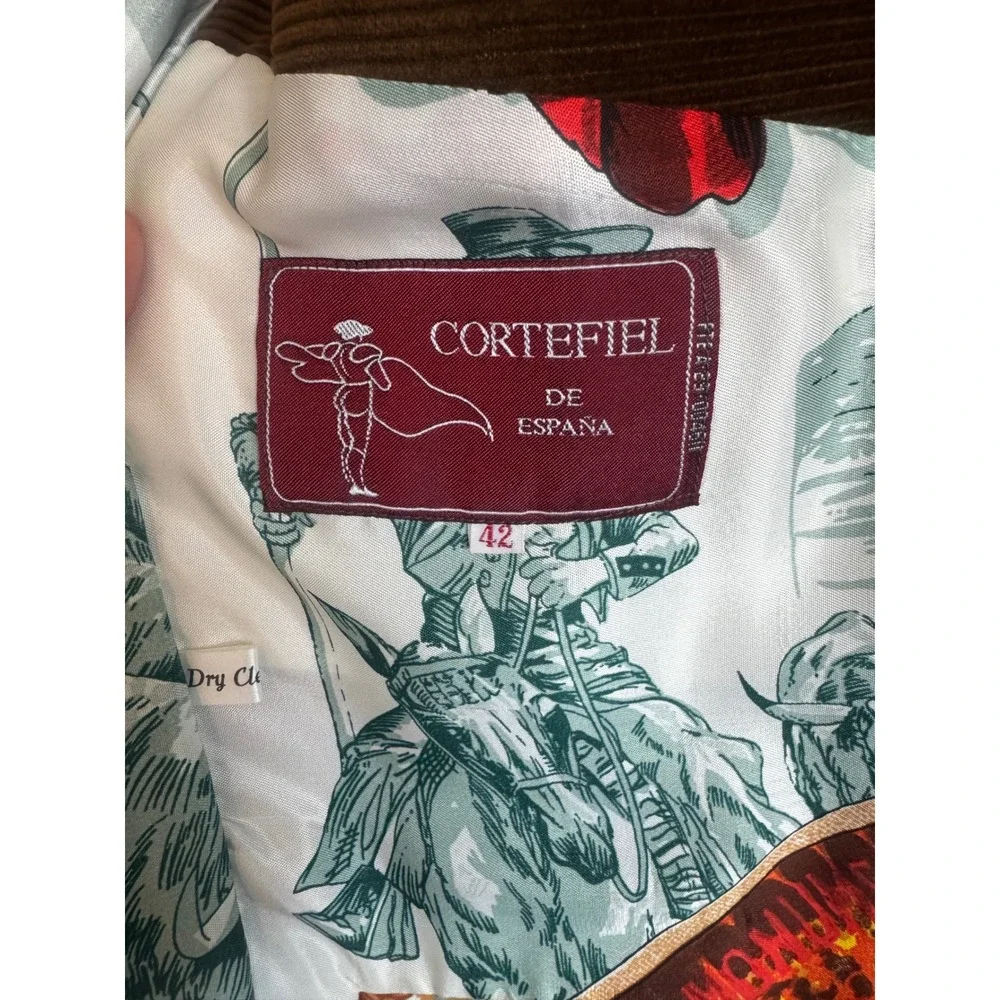 Vintage 70s Cortefiel Brown Corduroy Blazer Leather Trim Status Print Lining 42